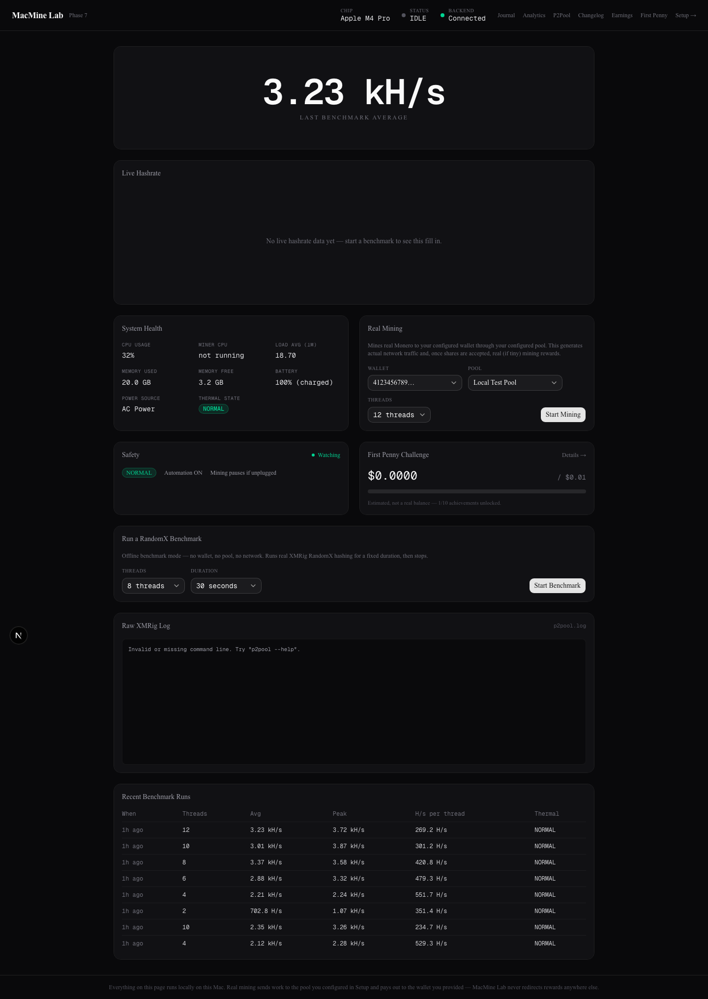 MacMine Lab dashboard showing live hashrate, system health, real mining controls, safety status, and recent benchmark runs